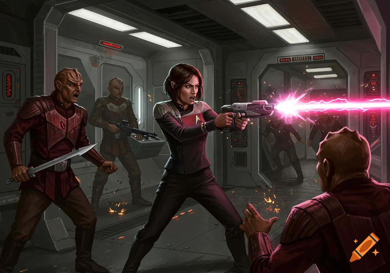 A female Starfleet officer fires a phaser at roaring Klingon warriors in a spaceship corridor during a battle.
