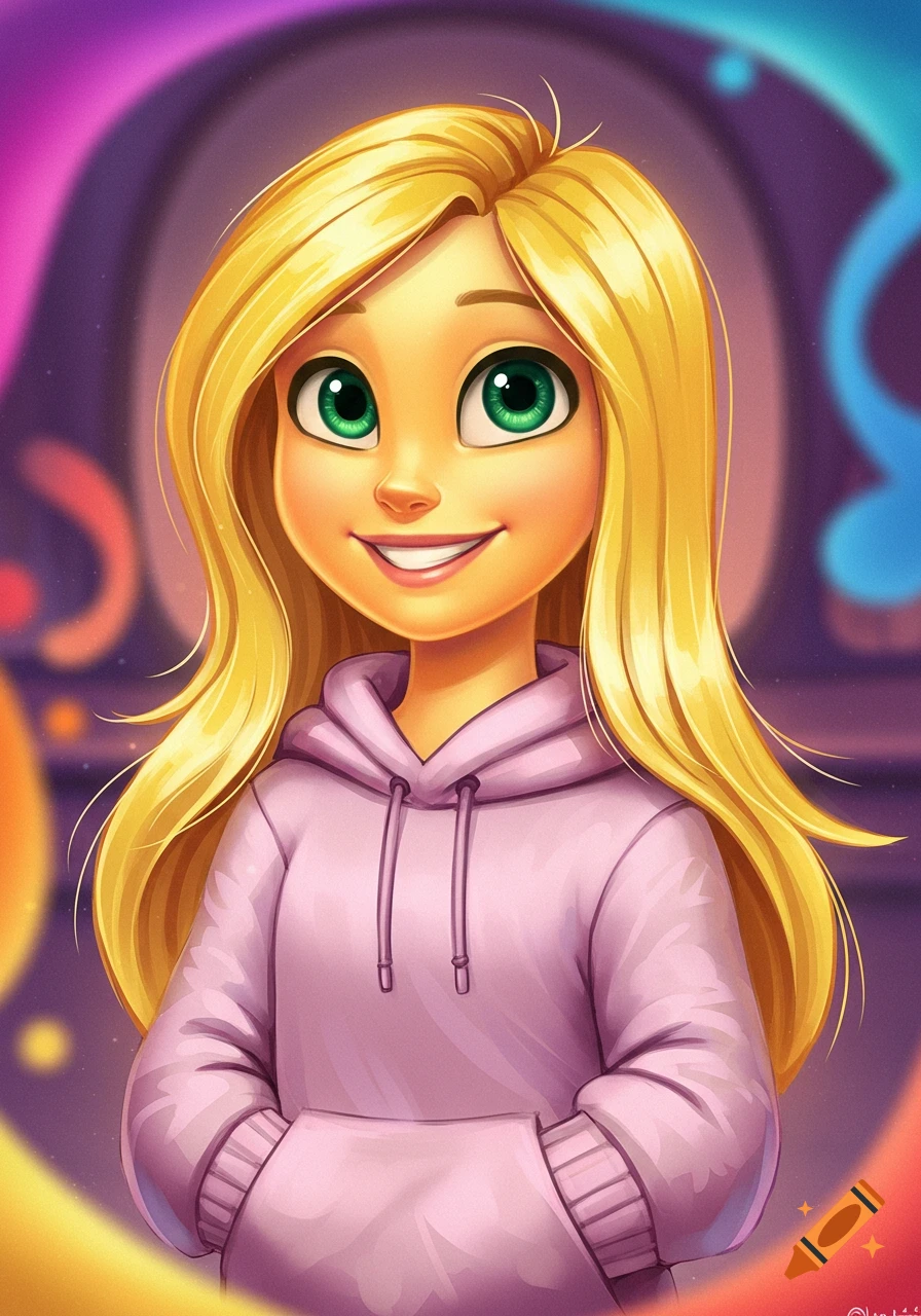 Cartoon portrait of a smiling girl with long blonde hair, green eyes, wearing a pink hoodie, on a colorful background.