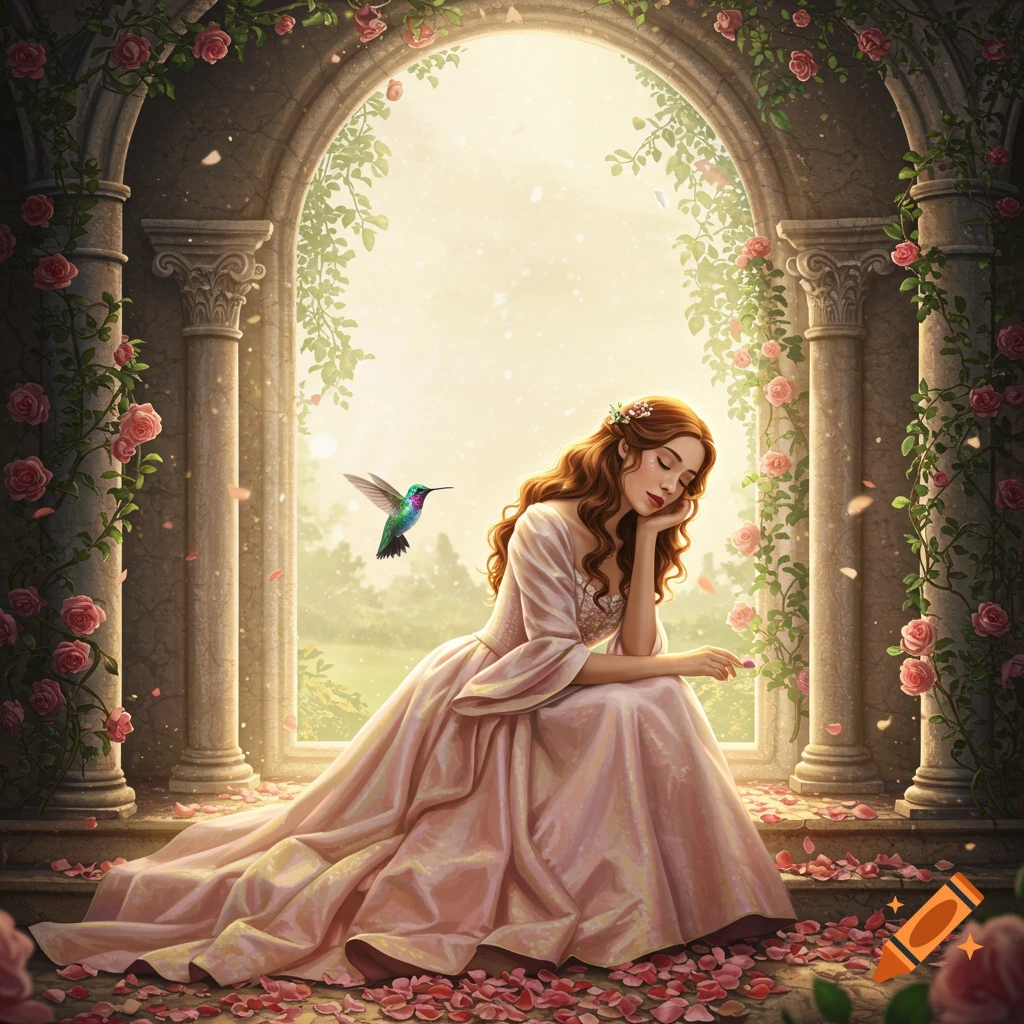 A serene woman in a pink gown sits under a rose-covered archway in a sunlit garden, with a hummingbird and fallen petals.