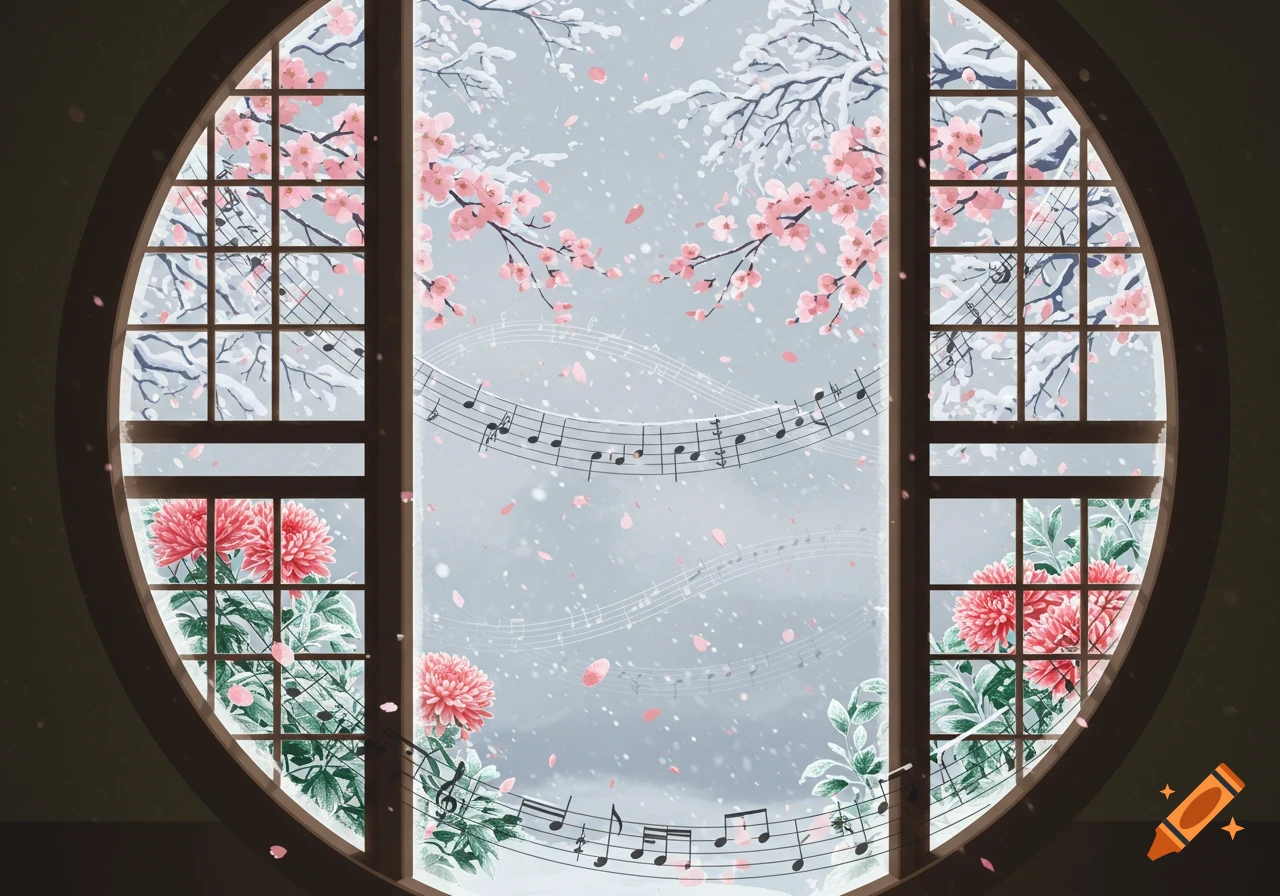 Illustration of a Japanese circle window with pink cherry blossoms, falling snow, musical notes, and pink chrysanthemums.