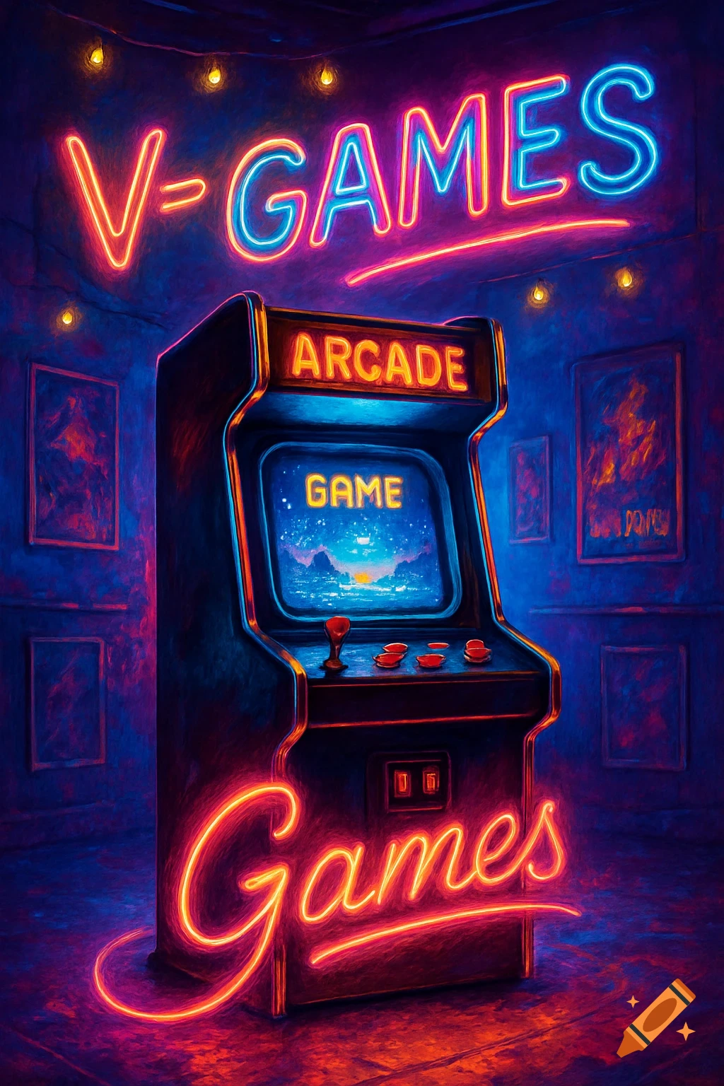 A retro-style arcade machine with a glowing screen displaying "GAME" in a dark room. Neon signs above and below read "V-GAMES" and "Games" respectively, creating a vibrant, synthwave aesthetic.