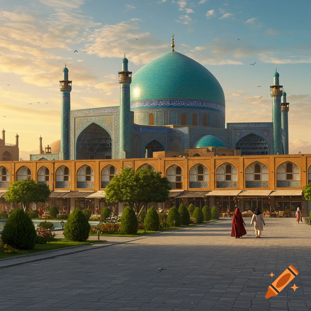A majestic turquoise-domed mosque with two minarets overlooks a plaza with people and trees under a cloudy sky, photorealistic style.