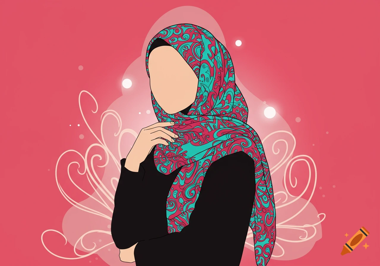 Cartoon illustration of a faceless woman wearing a vibrant teal and red patterned hijab against a pink background.