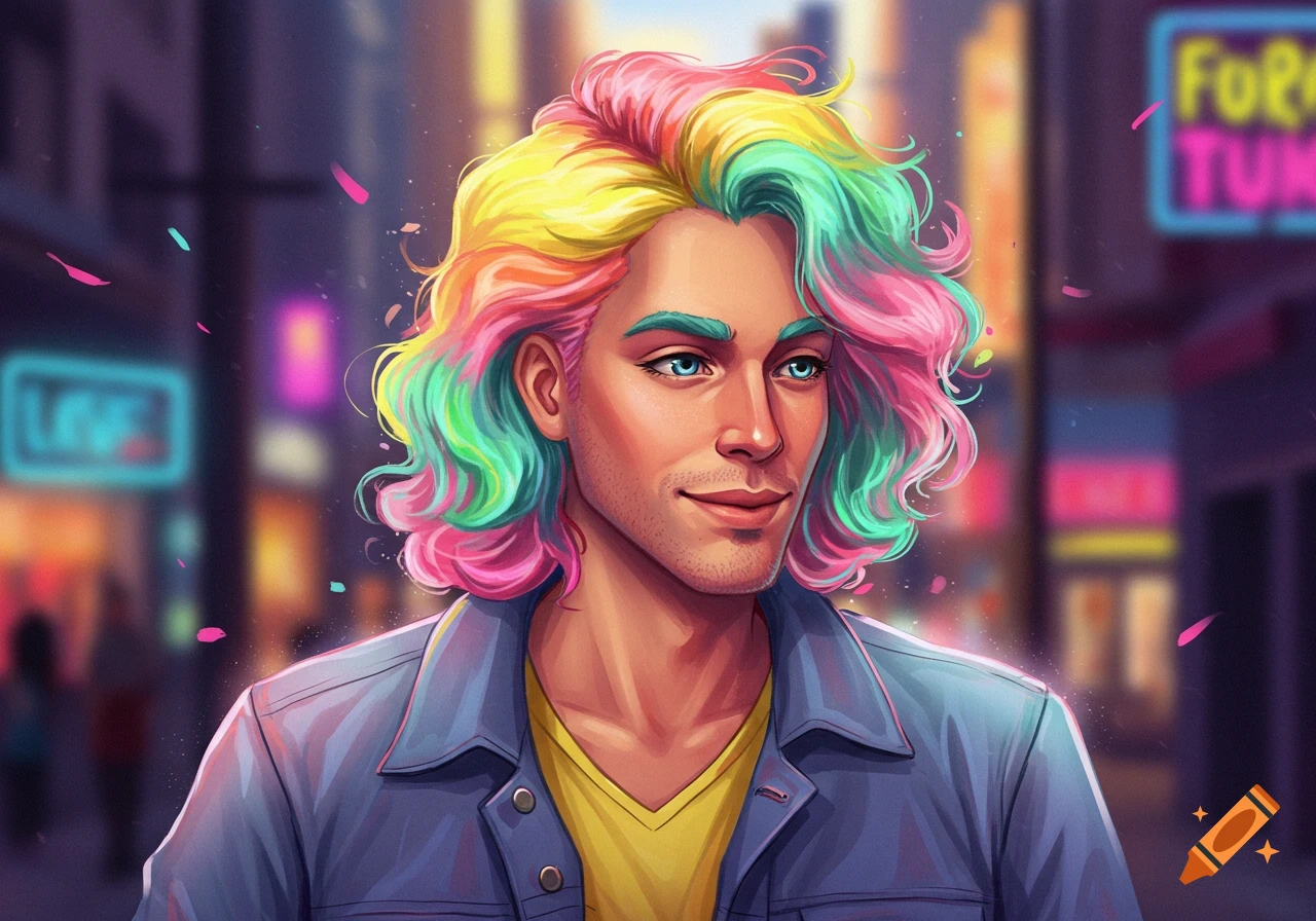 A man with vibrant rainbow-colored wavy hair and blue eyes smiles in a neon-lit urban setting, digital art style.
