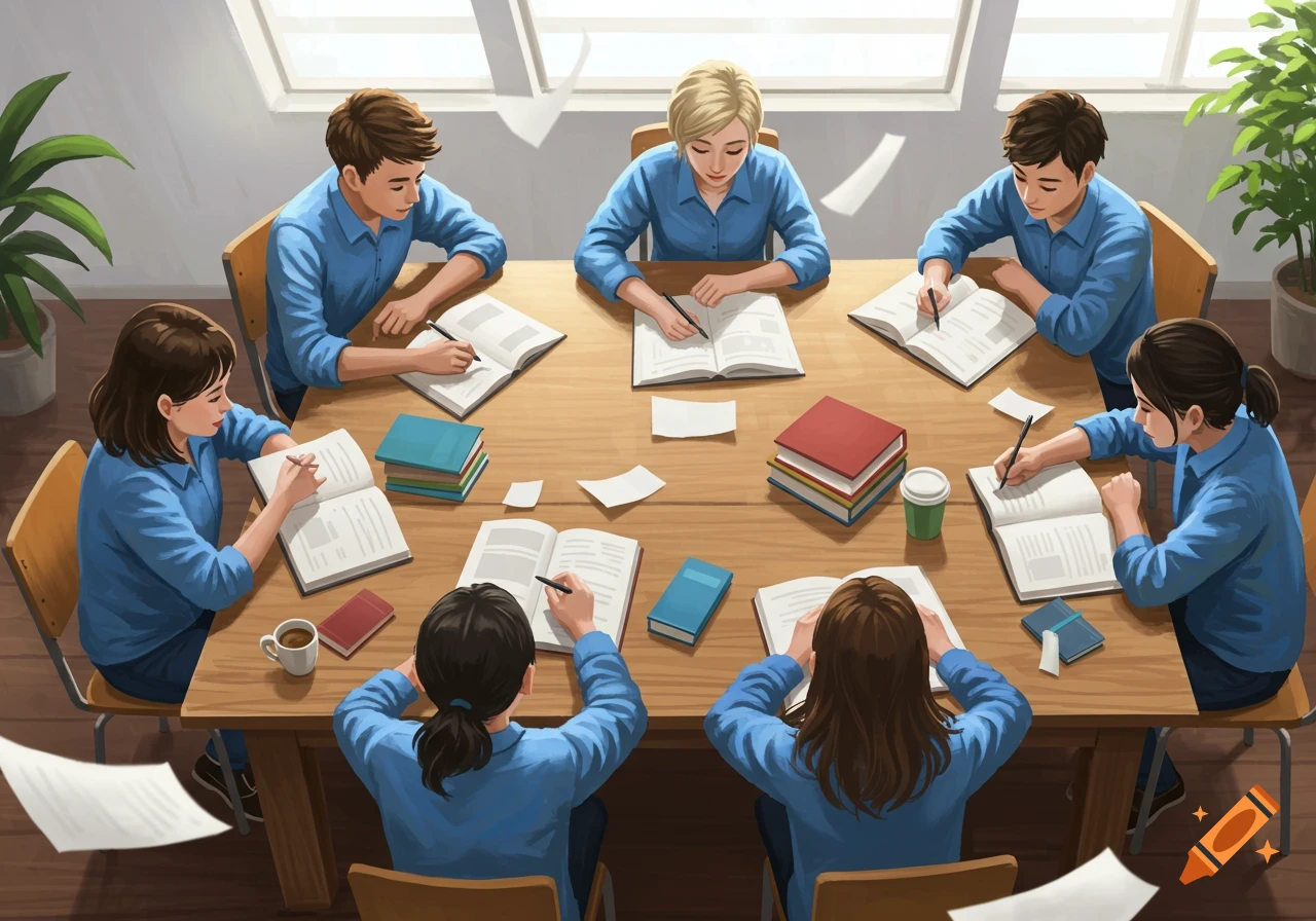 An illustration of several students in blue shirts sitting around a wooden table, studying from open books, with papers and coffee cups.