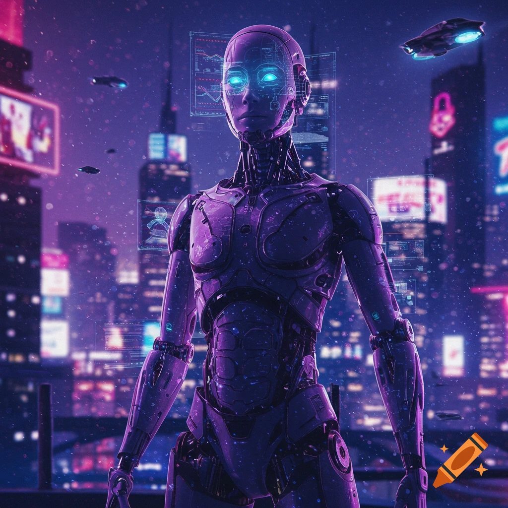 A purple robot with glowing eyes stands in a futuristic, neon-lit cyberpunk city at night.