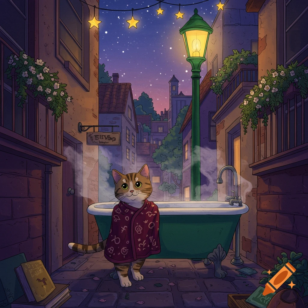 A cute tabby cat wrapped in a red patterned towel stands next to a steamy green bathtub in a cozy, star-lit city alley at night, illustration style.