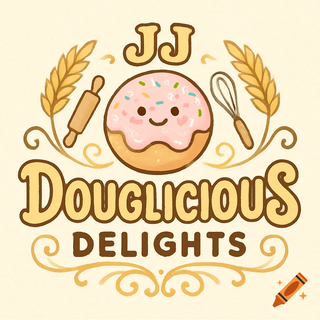 Cute bakery logo with a smiling pink-frosted donut, wheat, rolling pin, and whisk, with text JJ Douglicious Delights.