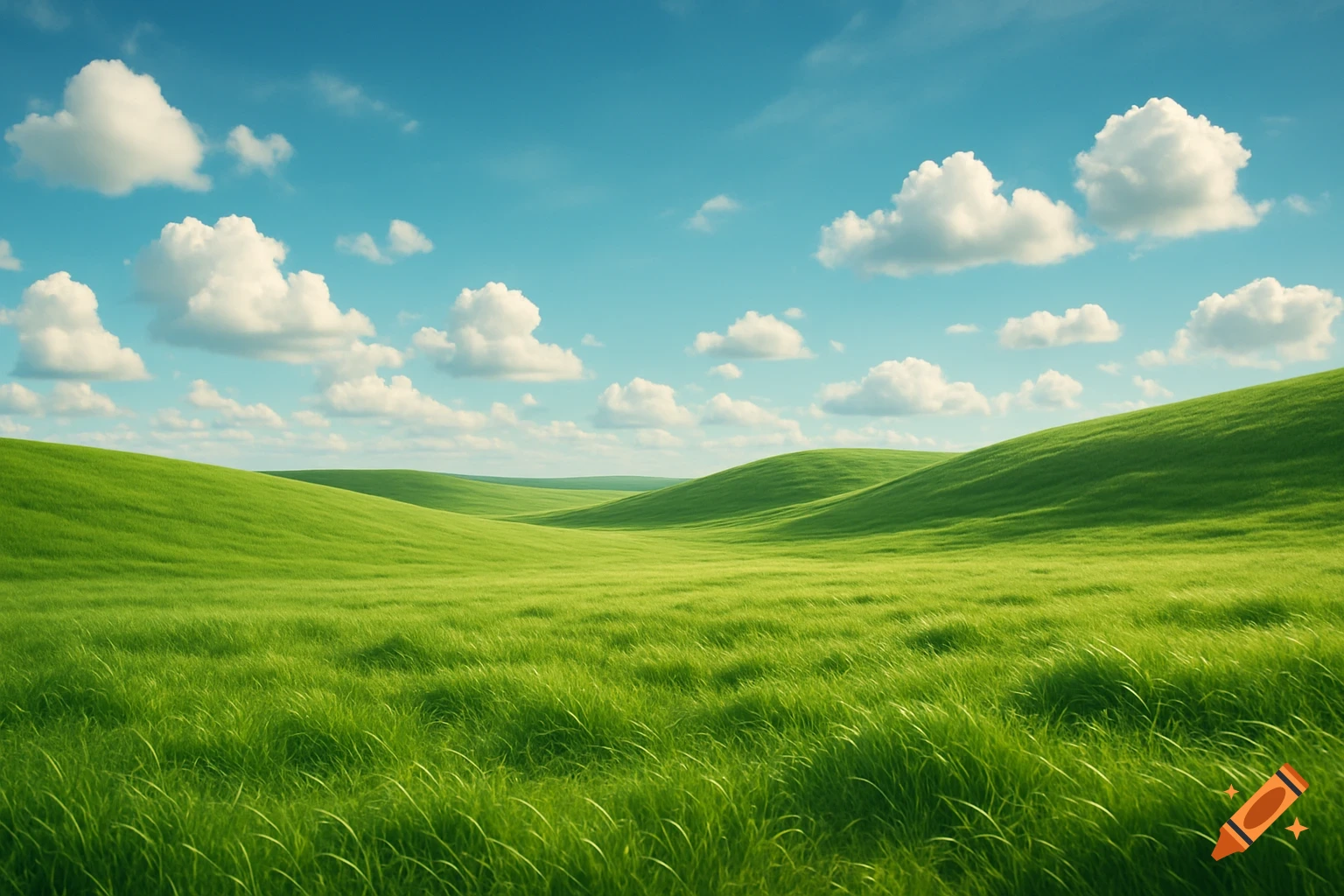Rolling green hills under a bright blue sky with fluffy white clouds, reminiscent of the Windows XP 'Bliss' wallpaper.