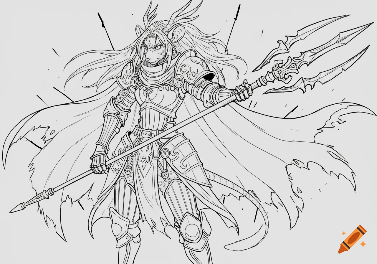 Black and white line-art drawing of a fantasy knight with a mouse-like face and antlers, wearing armor and holding a trident spear in a battle pose.
