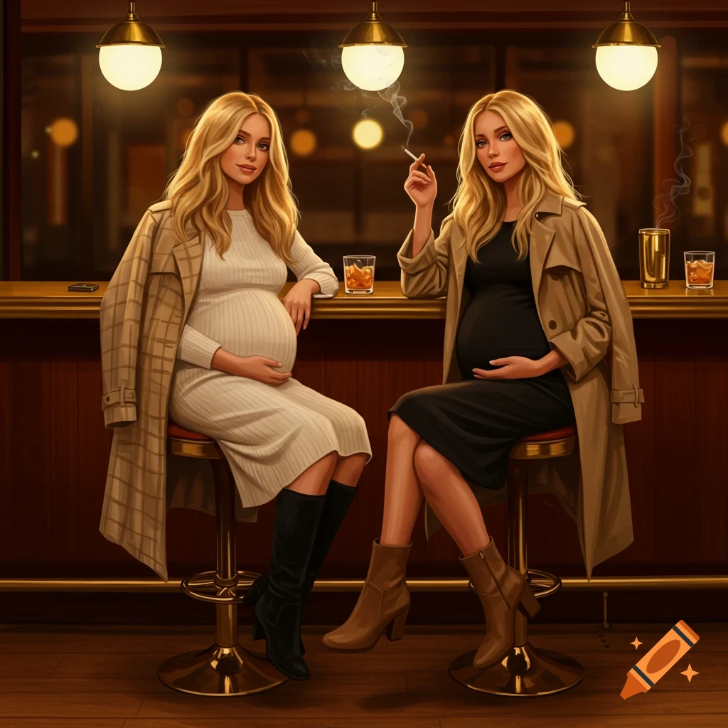 Illustration of two pregnant blonde women in trench coats and dresses sitting at a bar, one smoking a cigarette.