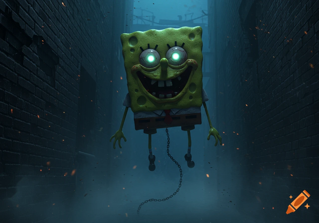 A creepy, glow-eyed SpongeBob with a wide grin floats menacingly in a dark, smoky alley.