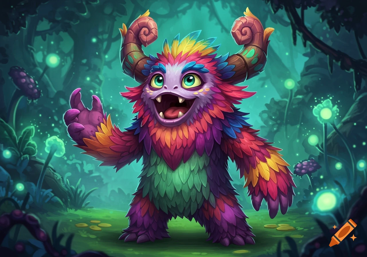A vibrant, multi-colored furry monster with large eyes and horns stands in a glowing magical forest, smiling and raising a hand.