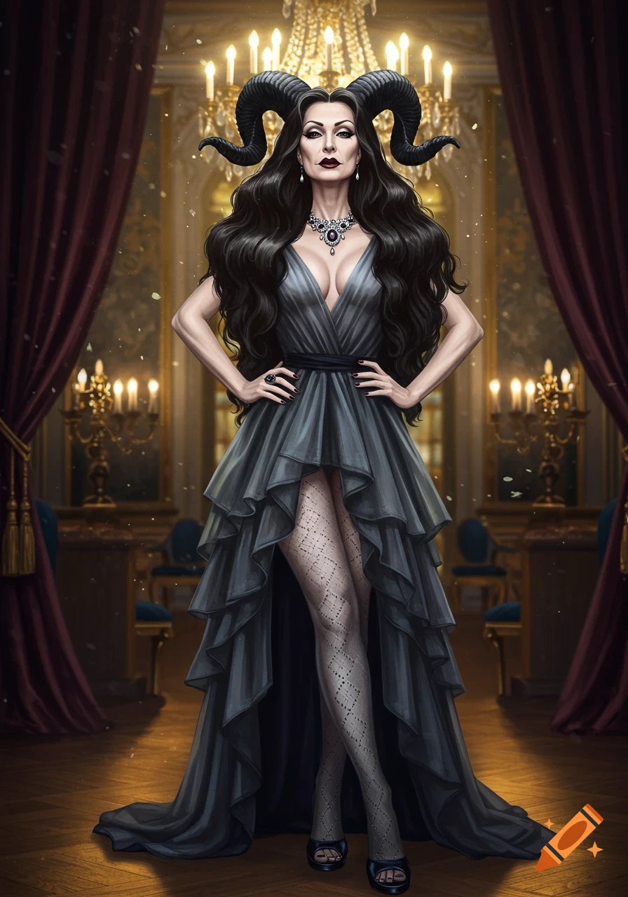 Gothic queen with ram horns, long dark hair, a gray layered dress, and patterned stockings stands in a luxurious suite.