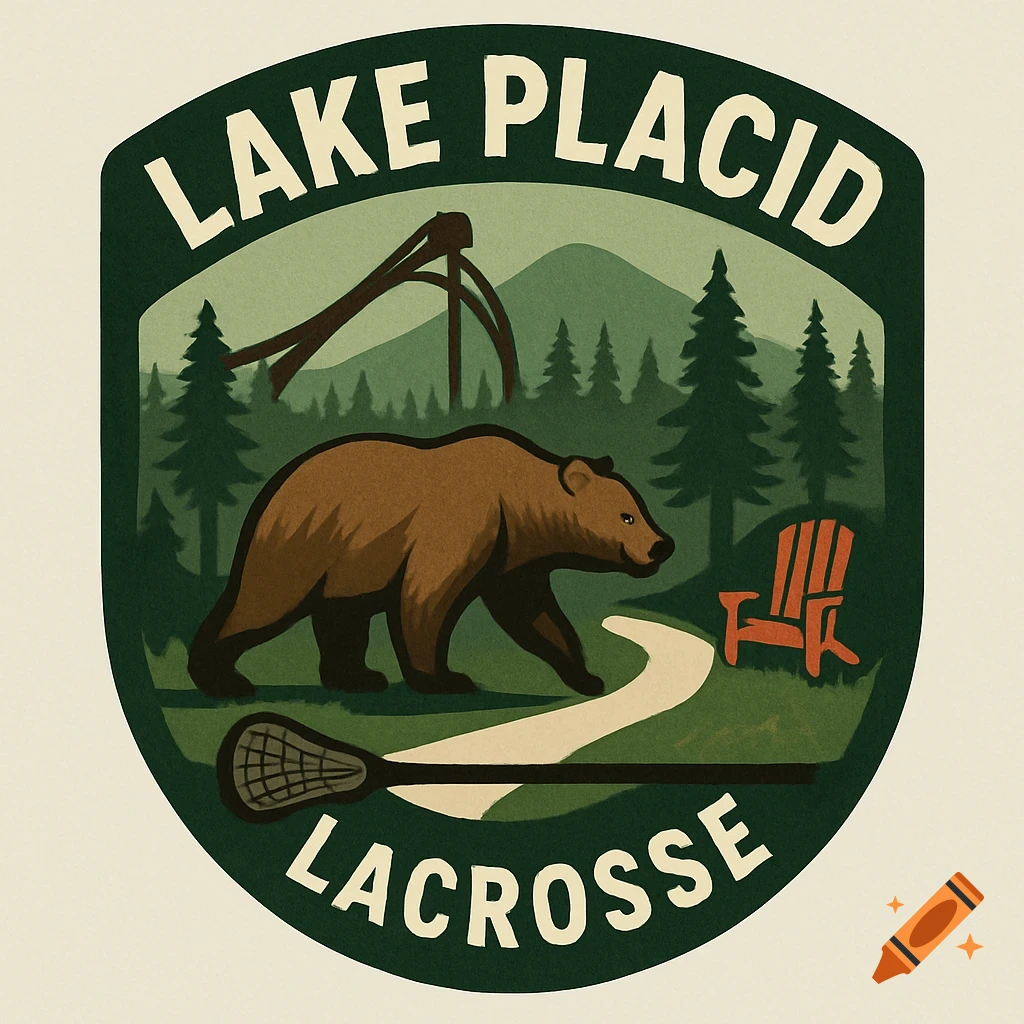 A stylized logo for Lake Placid Lacrosse with a bear, pine trees, ski jumps, Adirondack chair, and lacrosse stick.