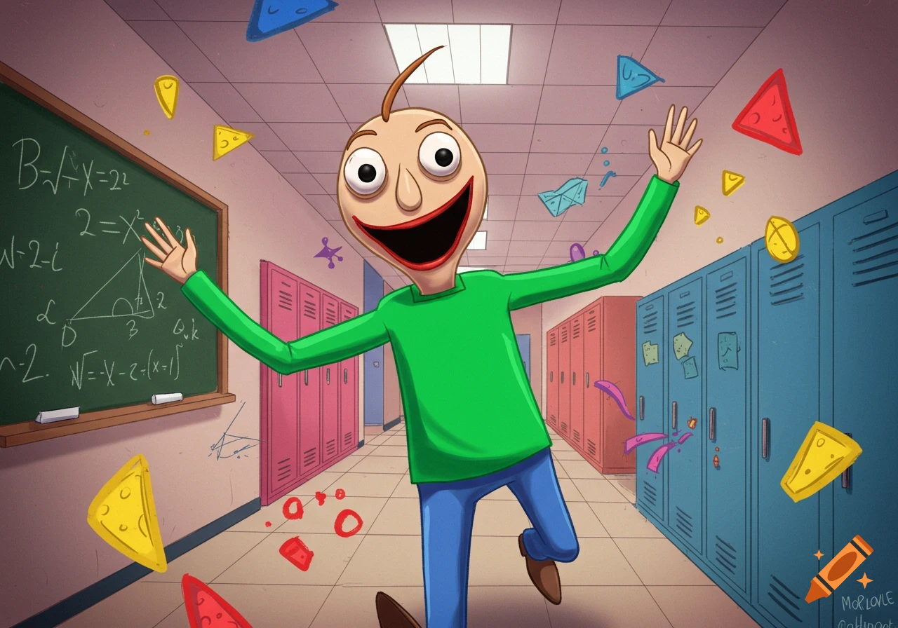 Cartoon character Baldi, a bald man with big eyes and a green shirt, happily jumps in a school hallway with math on a blackboard and colorful shapes.