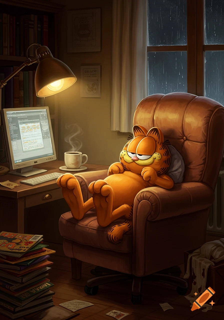Garfield the orange cat lounges in a brown armchair next to a desk with a computer, lamp, and coffee on a rainy night.