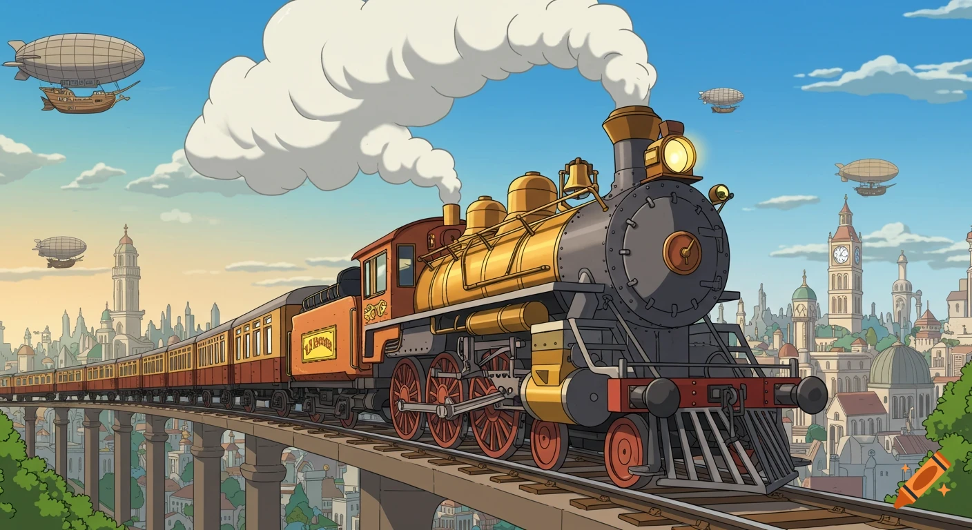 Cartoon steampunk train with golden accents on a viaduct over a sprawling city with airships in the sky.