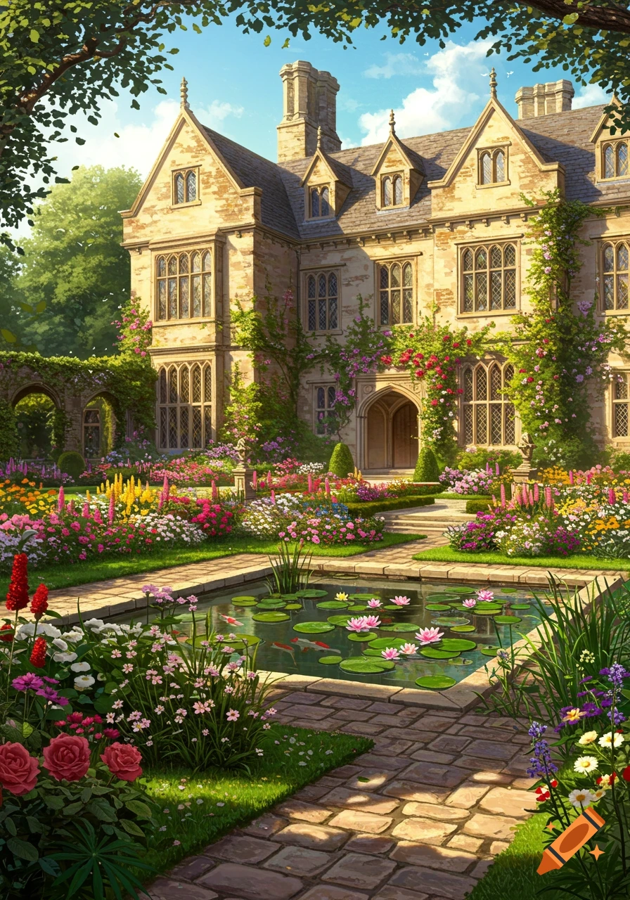 A grand Tudor revival manor house surrounded by a colorful, vibrant flower garden and a lily pond, in an illustrative style.
