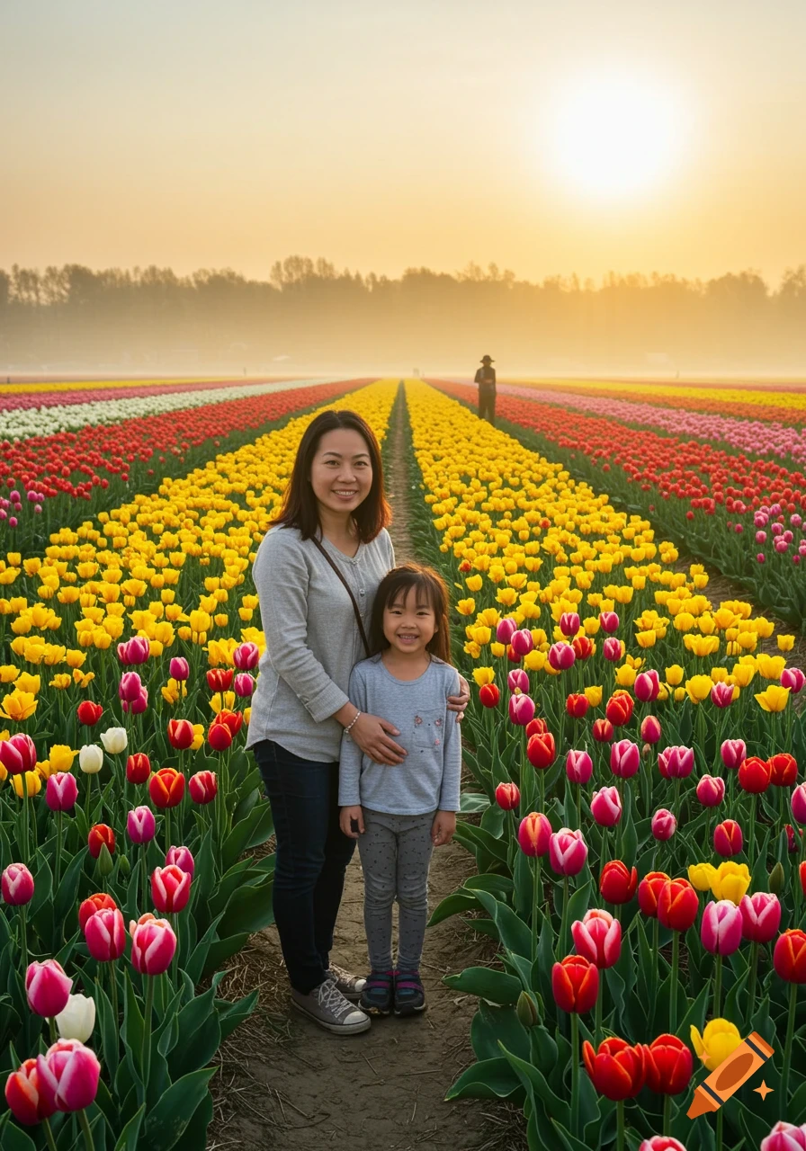Photorealistic image of an Asian mother and daughter smiling in a field of colorful tulips at sunrise.