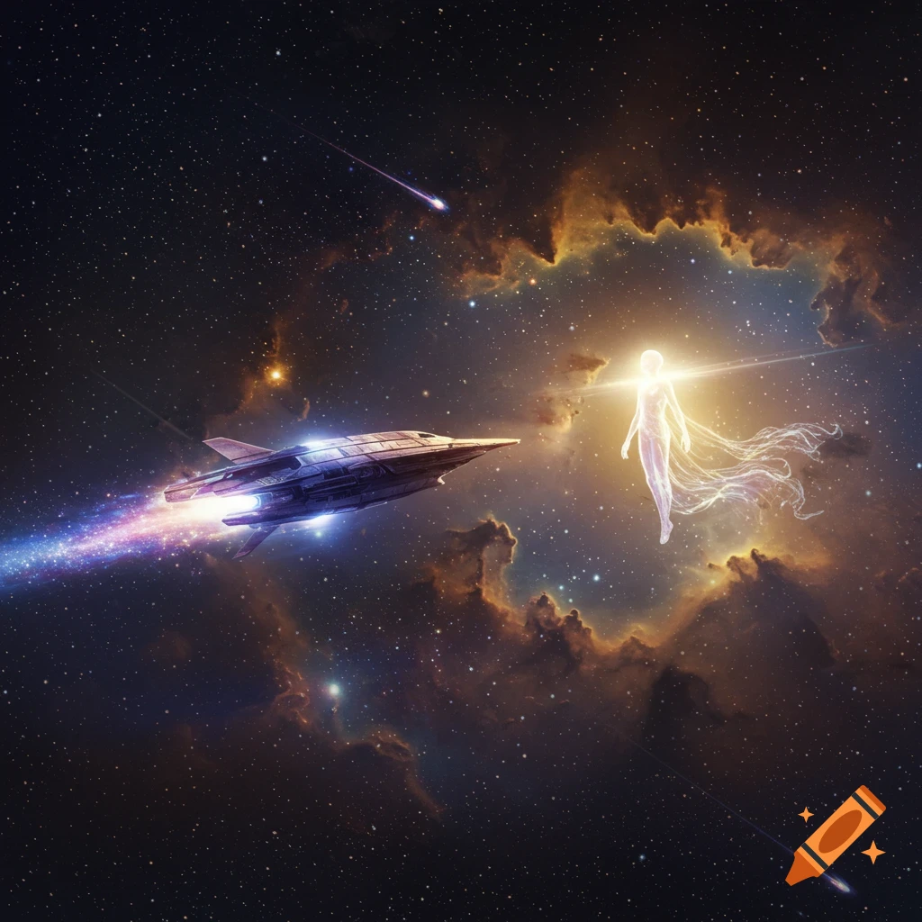 A sleek spaceship flies through space towards a luminous, ethereal figure. A vibrant nebula and stars fill the background.