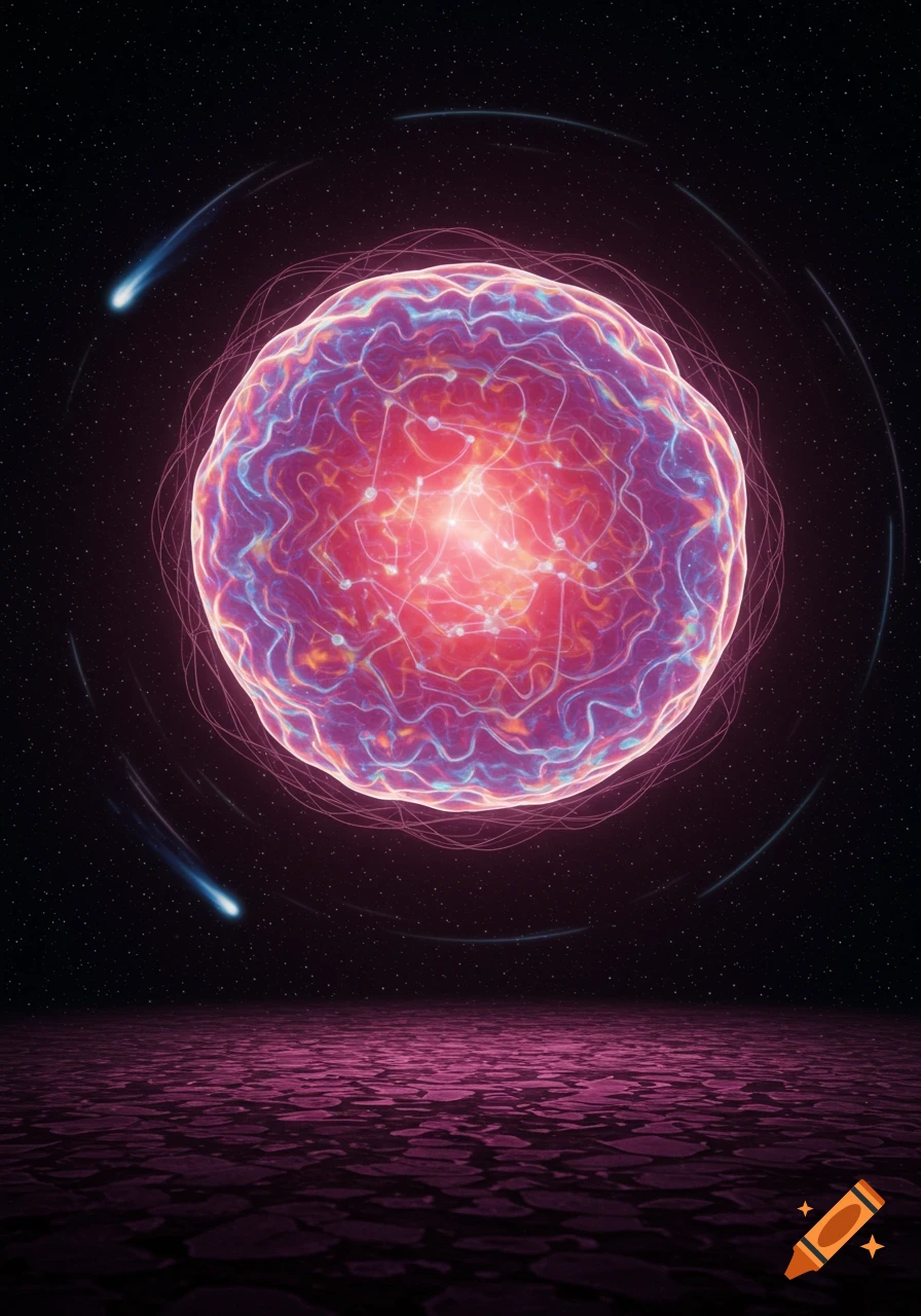 A glowing, intricate abstract orb of red and blue light floats above a textured purple ground in dark, starry space with two comets.