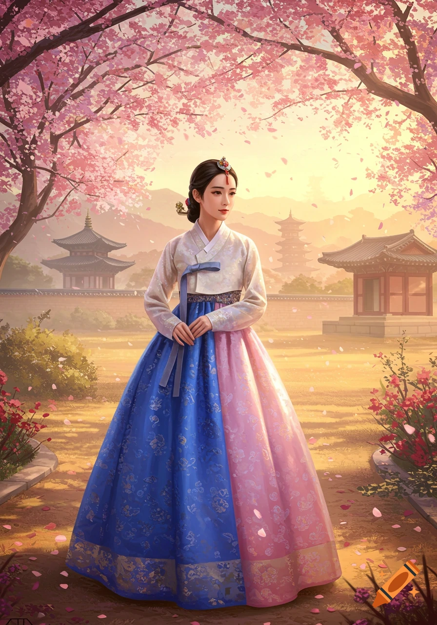 A young woman in a vibrant blue and pink hanbok stands in a cherry blossom garden with traditional Korean buildings at sunset.