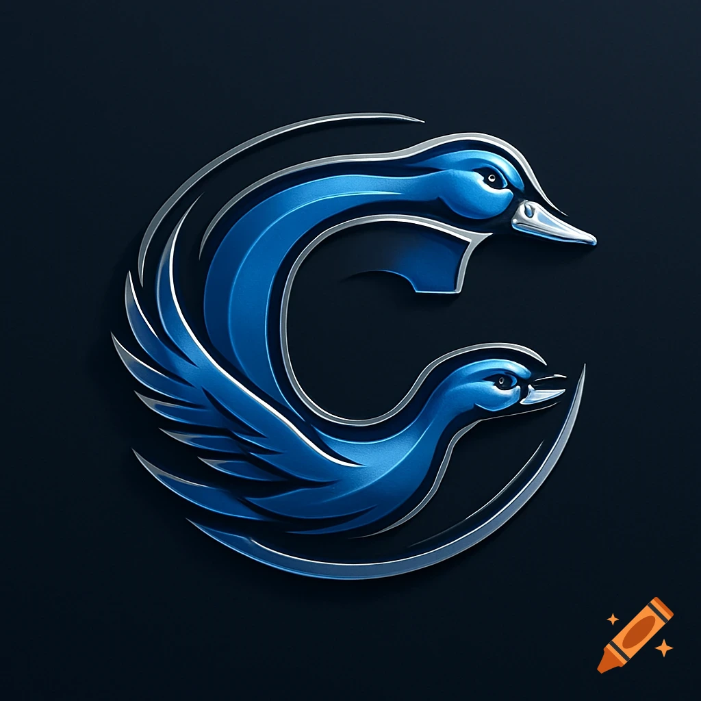 A glossy blue and silver stylized letter C logo formed by two ducks, one facing up, one facing down, on a dark background.