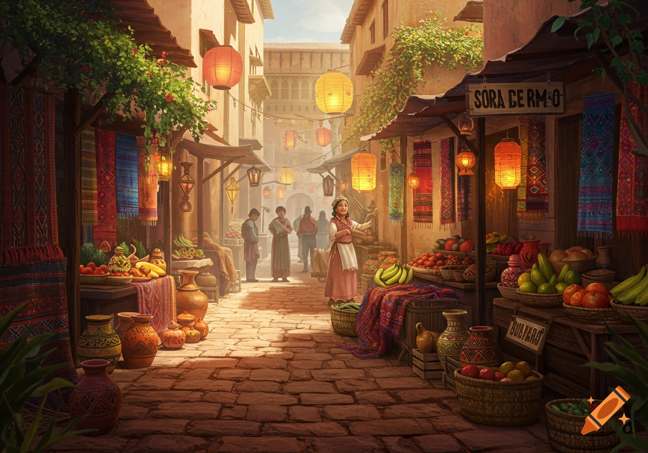A bustling, vibrant market street in an old town, lined with stalls selling fruits, textiles, and pottery under glowing lanterns, with people walking along the cobblestone path.