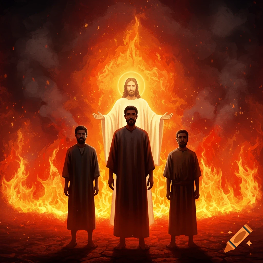 Jesus, glowing with outstretched arms, stands with three men in an intense fiery inferno, dramatic illustrative style.