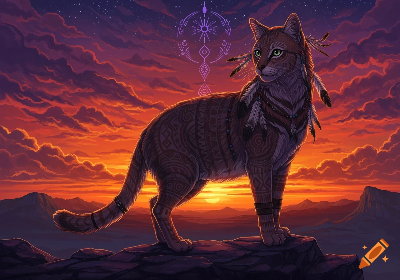 Stylized cat with tribal patterns and feathers on a rocky cliff, glowing symbols, dramatic sunset sky.