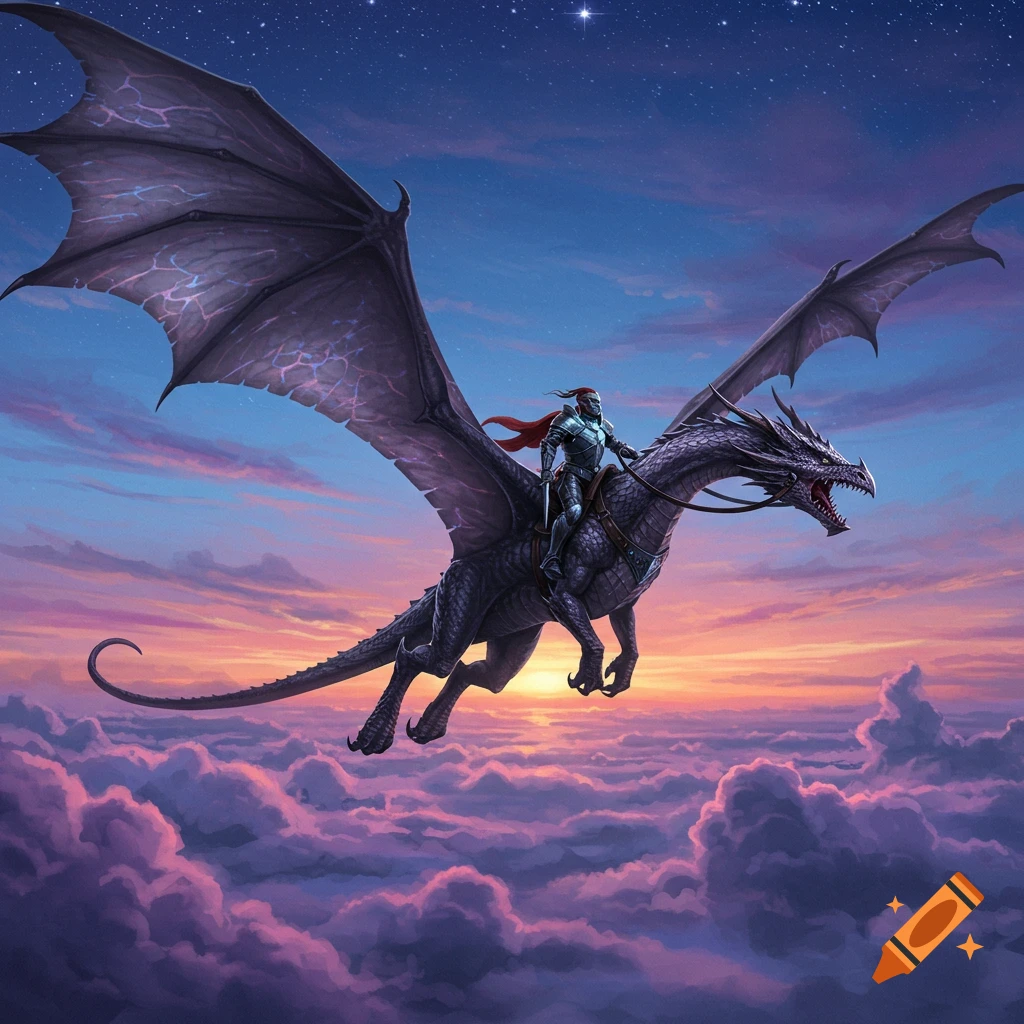 A knight in armor rides a large, dark dragon through a vibrant, cloud-filled sunset sky, with stars visible above.