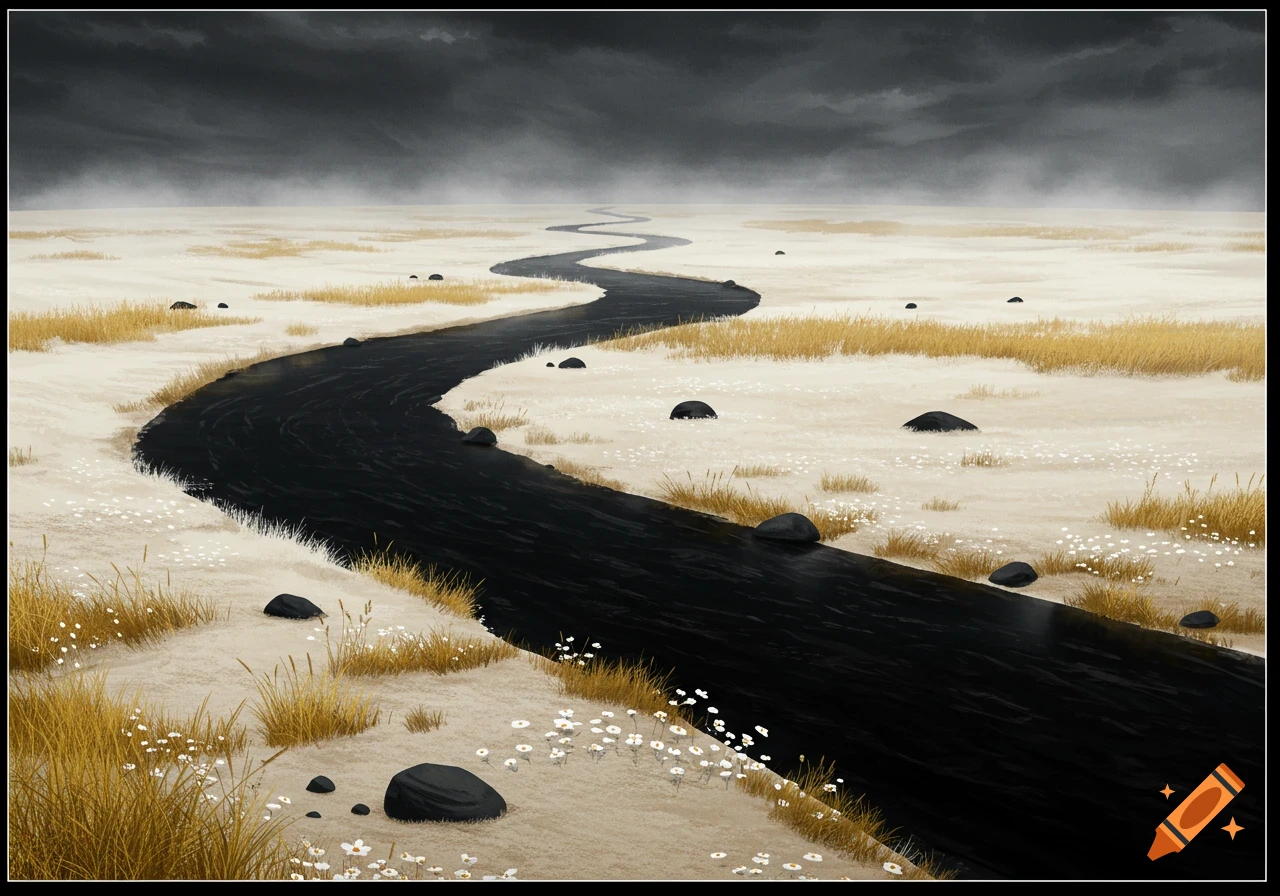 A dark, winding river cuts through a field of light-colored ground with patches of golden grass and small white flowers under a dark, cloudy sky. Painting style.