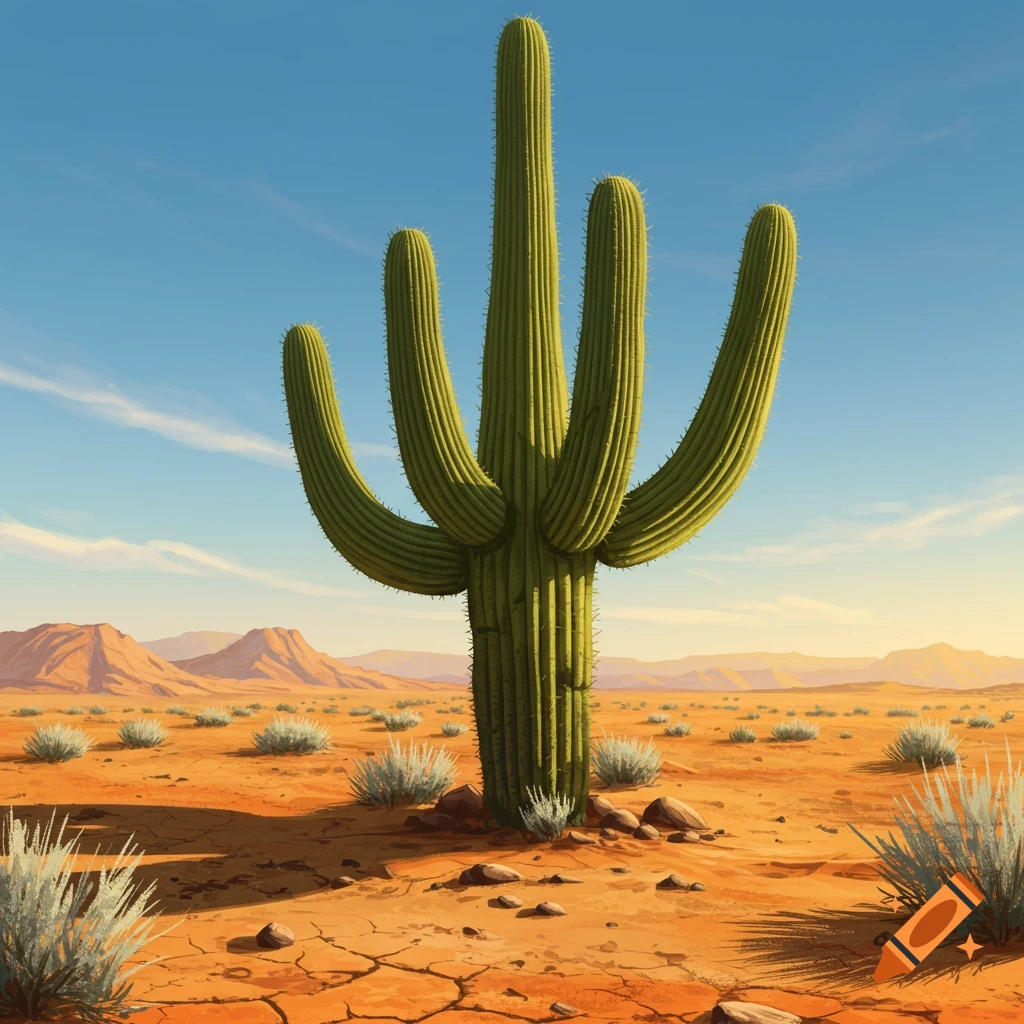 A large saguaro cactus stands prominently in a vast desert landscape with distant mountains under a clear blue sky.