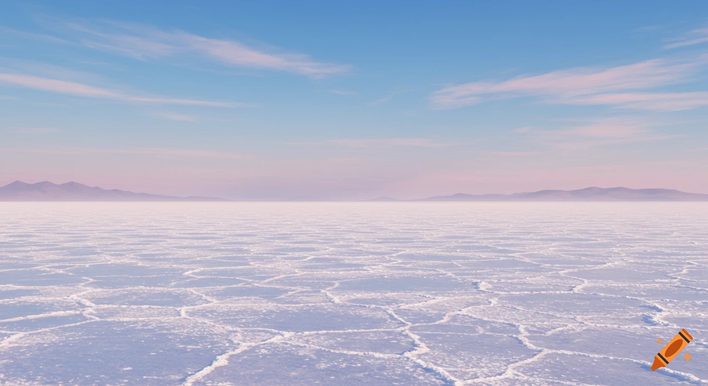 A vast, cracked white salt flat stretches to distant purple mountains under a blue and pink pastel sky with wispy clouds.