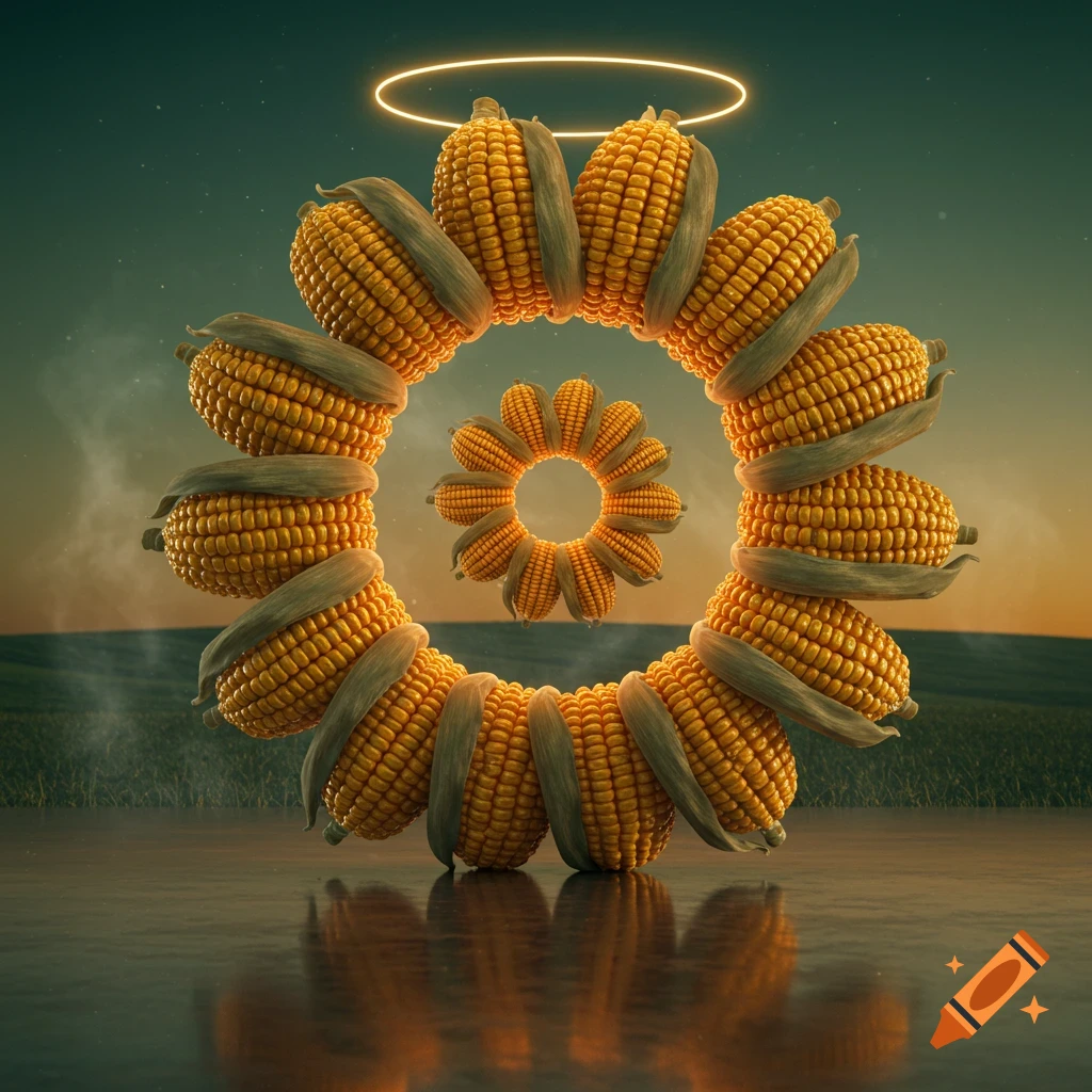 Concentric circles of corn cobs with a glowing halo above, reflecting on a wet surface in a field at sunset.