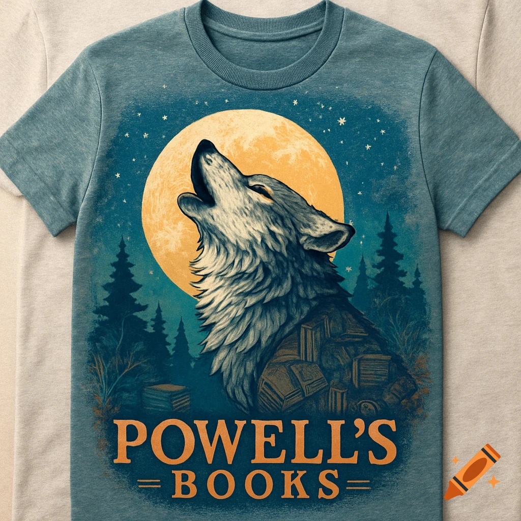 A blue t-shirt with an illustration of a wolf howling at a large full moon in a forest at night, with text "POWELL'S BOOKS" below.