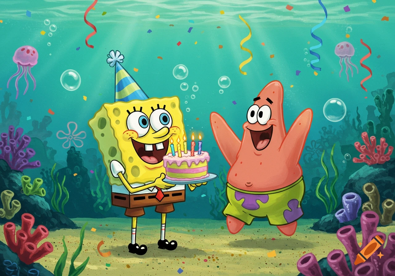 Spongebob in a party hat holds a birthday cake with Patrick Star celebrating underwater, surrounded by confetti and sea life.