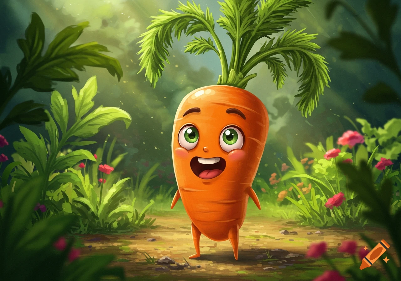 A cheerful cartoon carrot character with big green eyes and a wide, open-mouthed smile with its tongue out stands in a vibrant garden.
