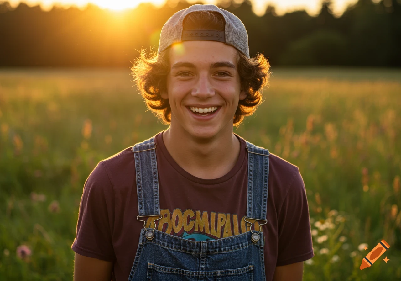 A cheerful teenage boy in a gray cap and denim overalls smiles broadly in a sunlit field at golden hour.