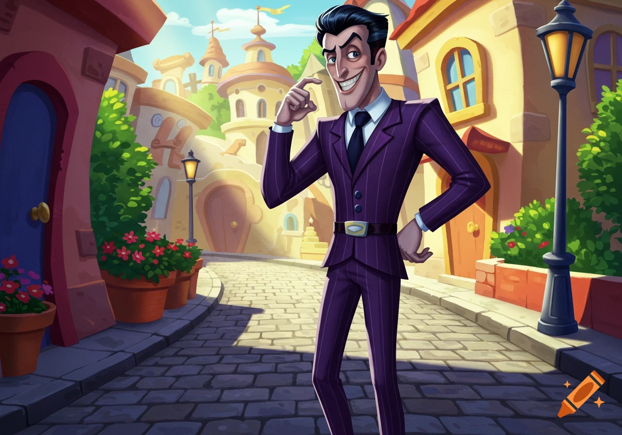 A smirking cartoon man in a purple pinstripe suit stands on a whimsical town street, pointing to his head.