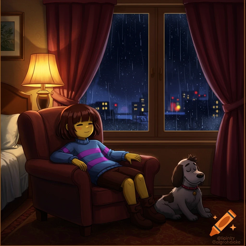 Cartoon character Frisk relaxes in an armchair with a sleeping dog beside her in a cozy hotel room as rain falls outside the window at night.