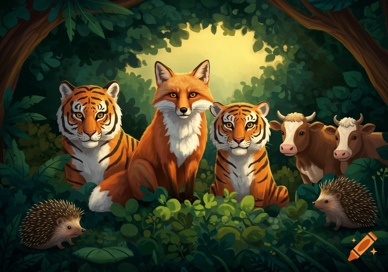 Cartoon illustration of a fox, two tigers, two cows, and two hedgehogs in a vibrant green forest with sunlight.