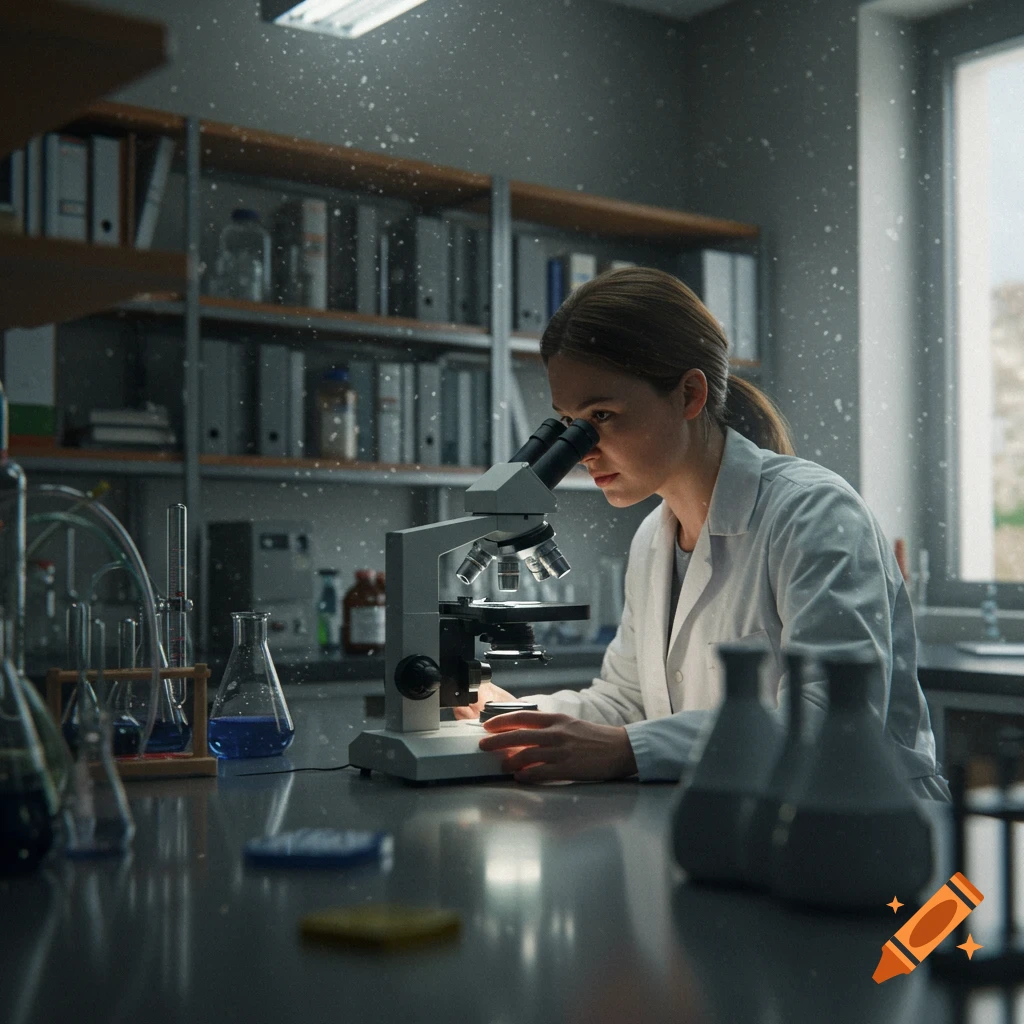 A female researcher in a lab coat looks into a microscope in a dramatically lit laboratory filled with equipment.