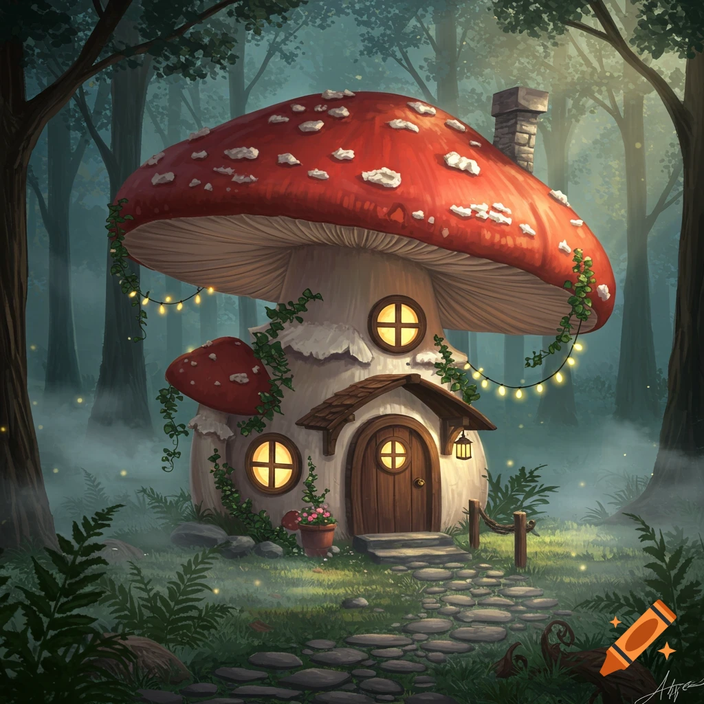 A whimsical mushroom house with a red cap and glowing windows nestled in a mystical, foggy forest with glowing fireflies.