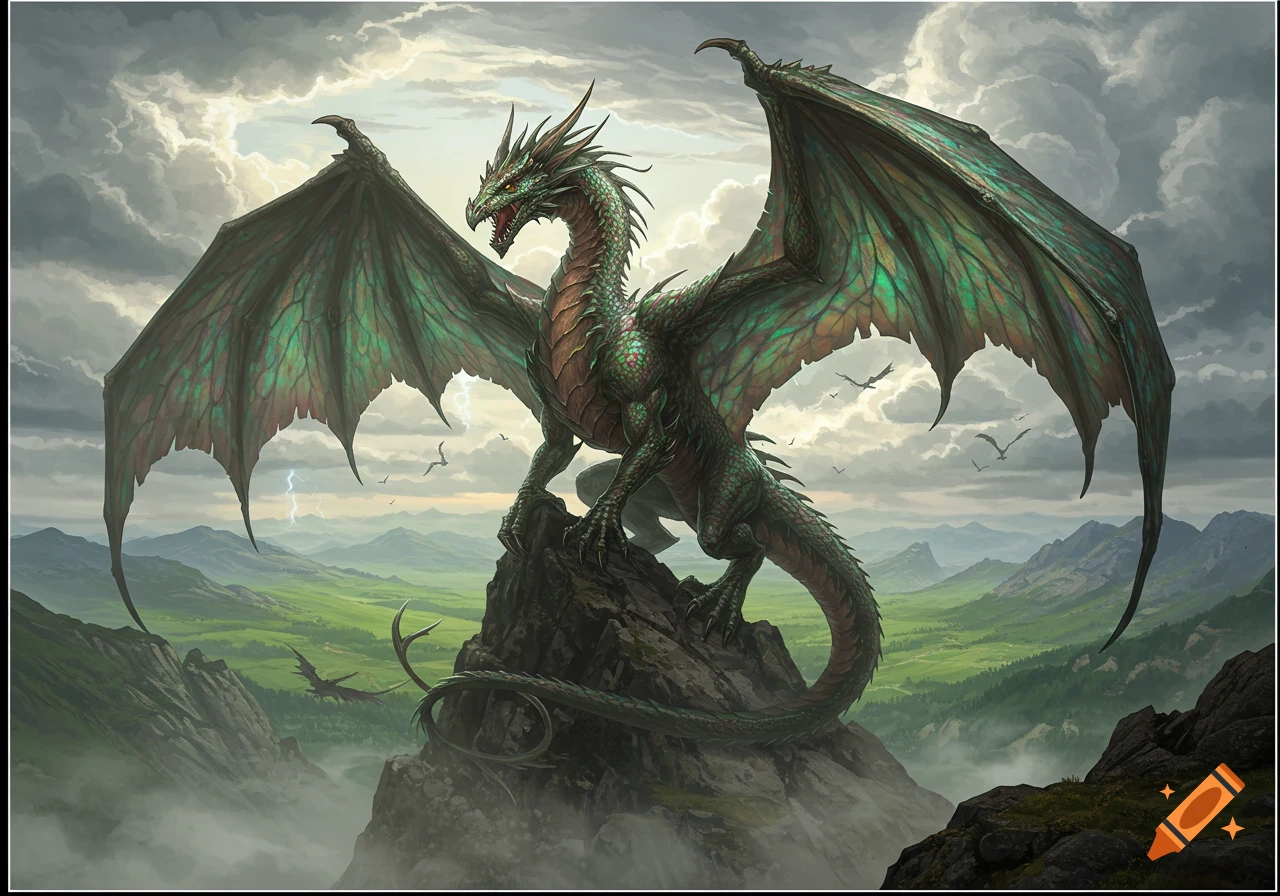 A majestic green dragon with shimmering wings stands on a rocky mountain, overlooking green valleys and a cloudy sky with lightning.