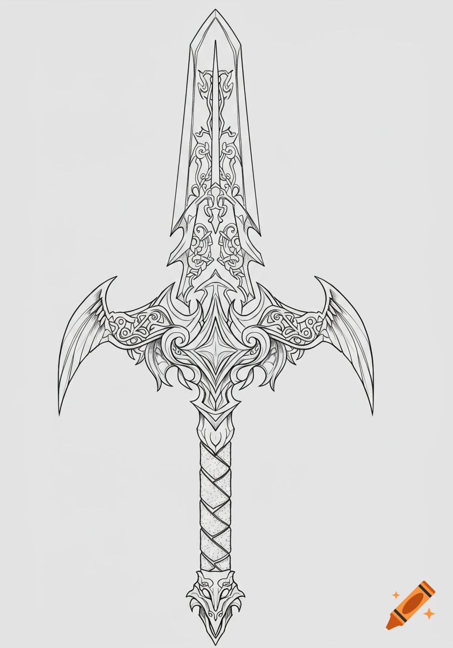 Intricate line drawing of a fantasy sword with ornate hilt and blade details on a white background.