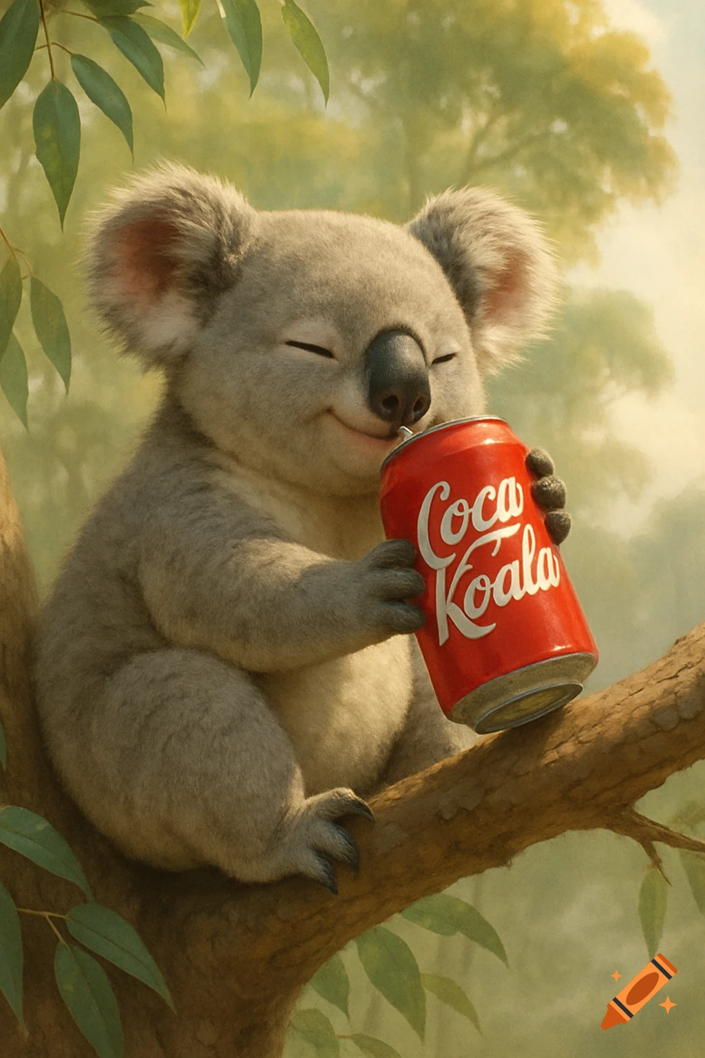 A cute, fluffy koala bear sits on a tree branch, smiling with closed eyes, drinking from a red can labeled 'Coca Koala'.