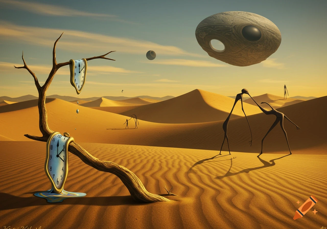 A surreal desert scene featuring melting clocks draped over a dead tree, tall stick-like figures, and a flying saucer-like object under a golden sky.