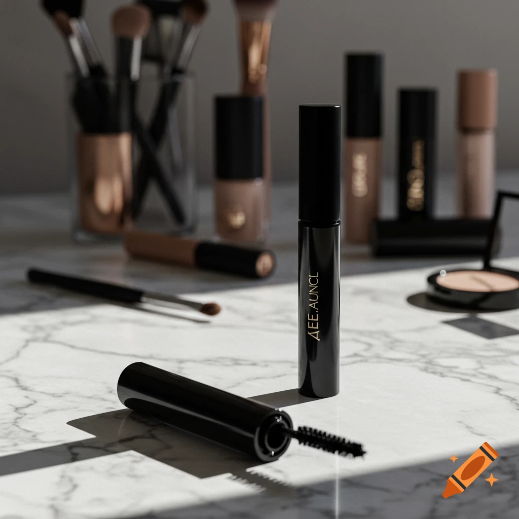 A black mascara tube stands on a white marble table next to its brush, with other blurred makeup items in the background under soft sunlight. Photorealistic.